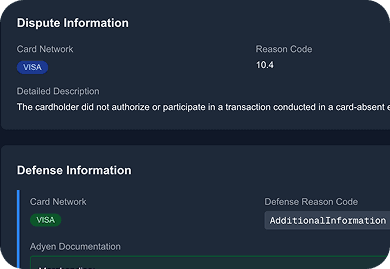 Dispute and defense information for card networks on a dark UI.