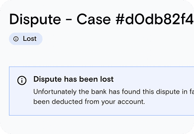 Dispute case card showing status and bank outcome message.