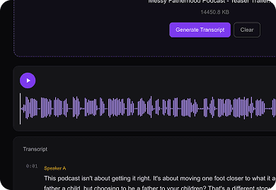 Dark-themed audio transcription UI with waveform and transcript output.